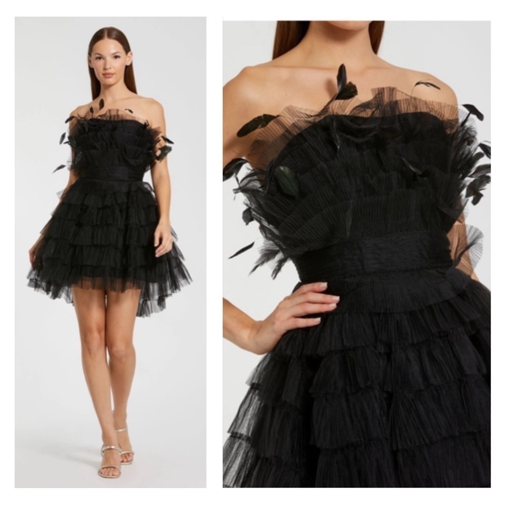 MAC DUGGAL NWT 20529 Black Feathered Strapless Tulle Fit and Flare Dress